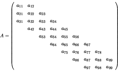 \begin{displaymath}
A = \left( \begin{array}{rrrrrrrrr}
a_{11} & a_{12} \\
a_{...
...\\
& & & & & & a_{97} & a_{98} & a_{99}
\end{array} \right)
\end{displaymath}