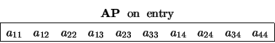 \begin{displaymath}
\begin{array}{c} {\bf AP} \;\; \mbox{on} \;\; \mbox{entry} ...
...} &
a_{24} & a_{34} & a_{44} \\ \hline \end{array} \end{array}\end{displaymath}