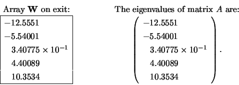 \begin{displaymath}
\begin{array}{c} \mbox{Array {\bf W} on exit:} \\
\begin{...
...4.40089 \\ \;\;\; 10.3534 \\
\end{array} \right). \end{array}\end{displaymath}